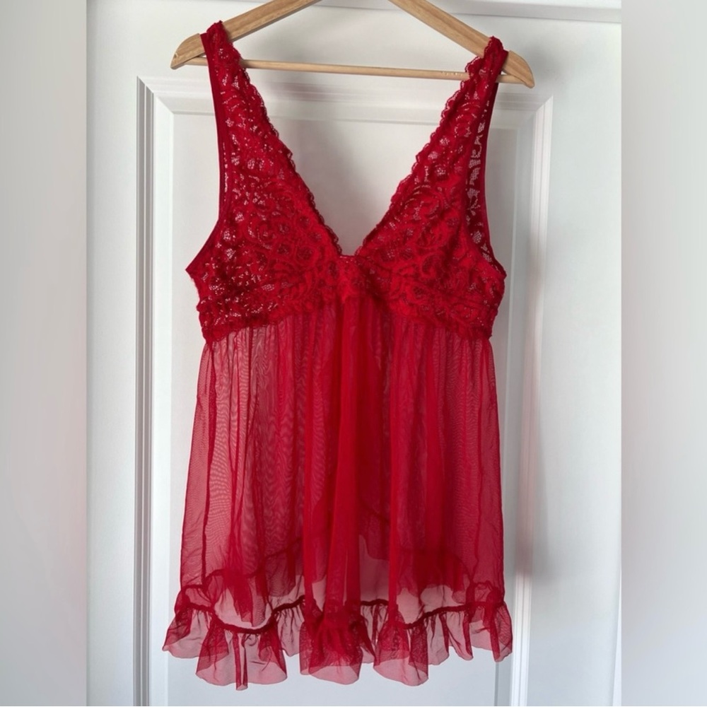 Red Sheer Lace Babydoll Lingerie Nightie Tie Front Ruffle Trim Medium - Picture 3 of 6